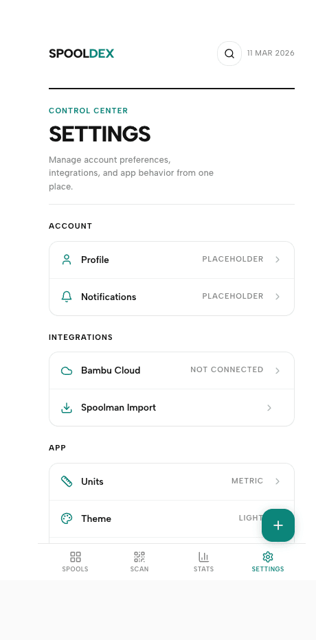 Spooldex settings showing Bambu Cloud integration and Spoolman import options